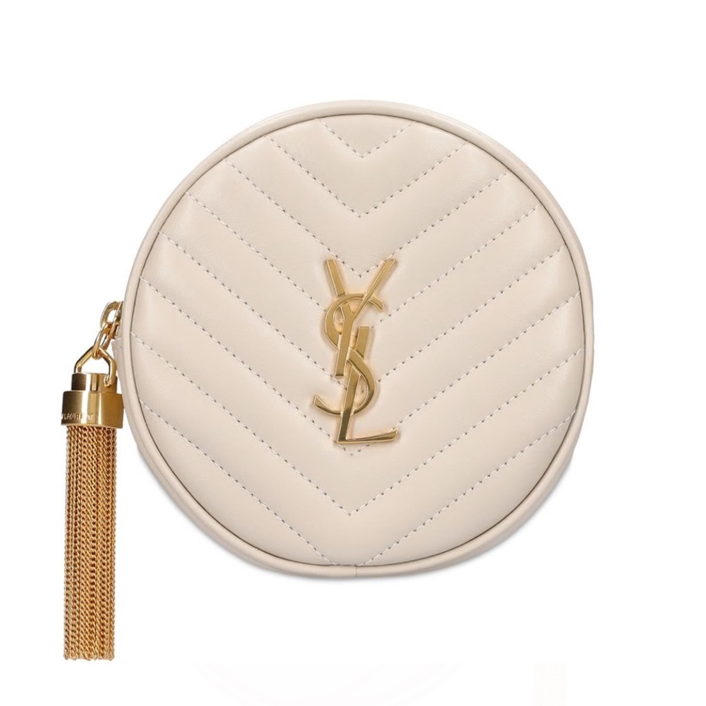 NEW Saint Laurent YSL Vinyle Round Quilted Grain de Poudre Crossbody Bag Cream